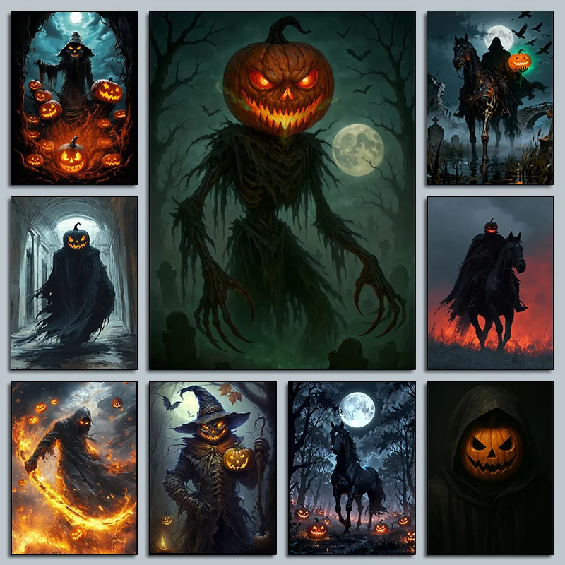 Classic Creepy Halloween Posters Headless Horseman Pumpkins Lantern Modern Prints Canvas Wall Art Picture Home Living Room Decor