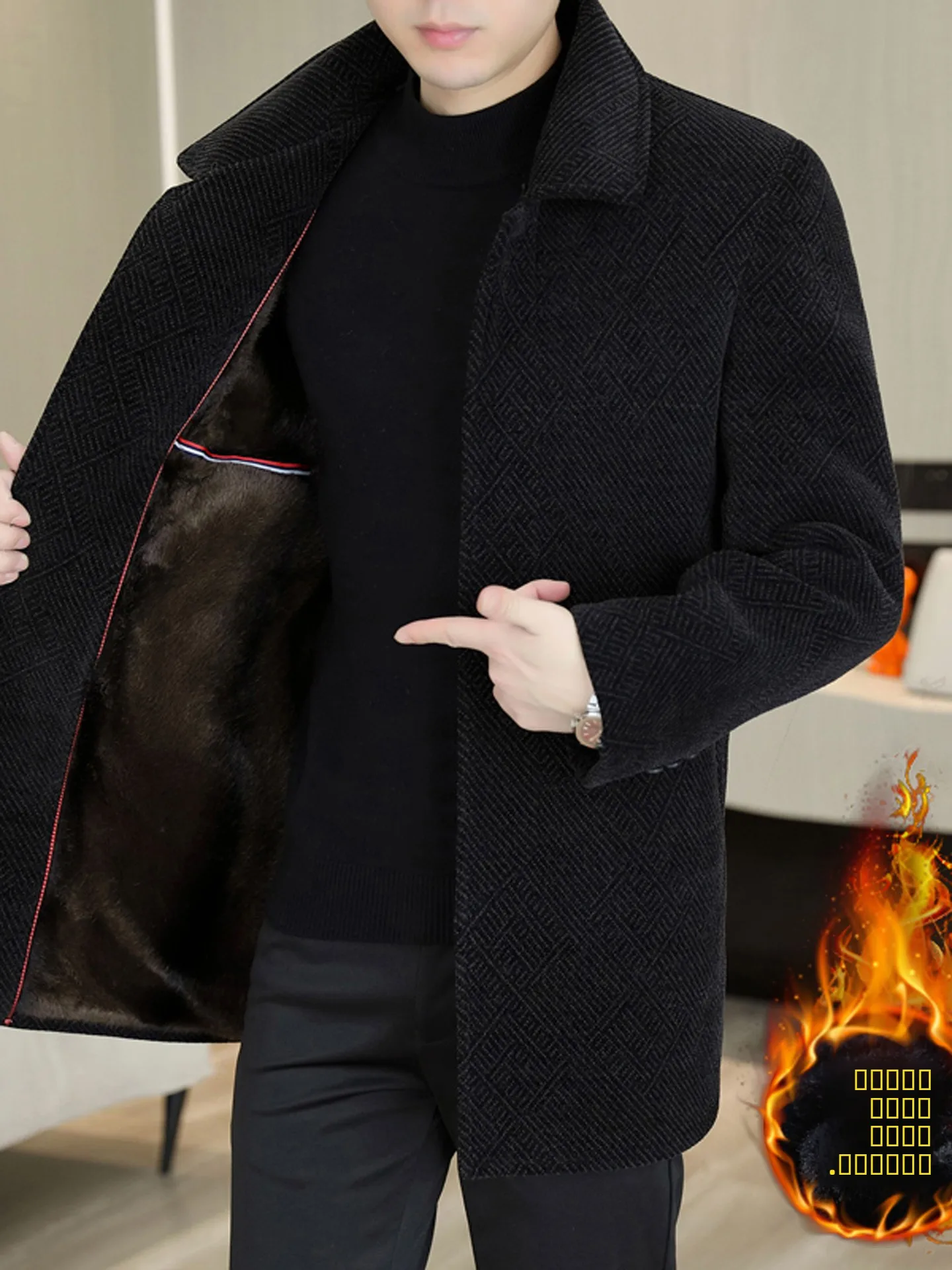 

Мужское зимнее утепленное шерстяное пальто с отложным воротником, на флисовой подкладке, средней длины, модное, городской стиль, из полиэфирного волокна, однотонное.