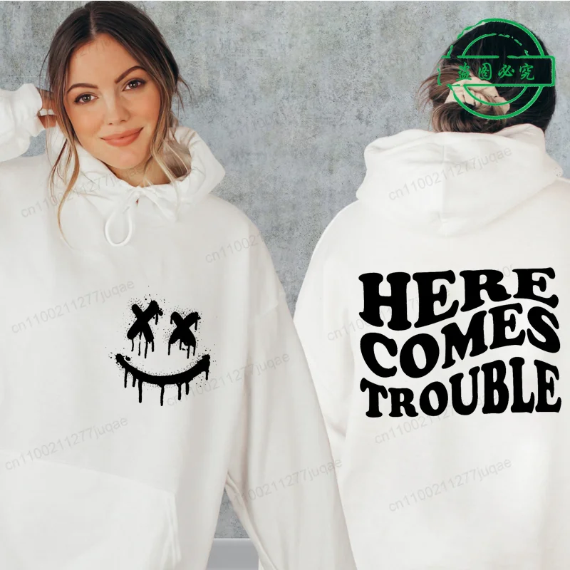 

Here Comes Trouble Print Hoodie Sweatshirts Fashion Pullover Sweatshirt Men Women Hoodies Casual Pullover Hooded Sportwear Tops