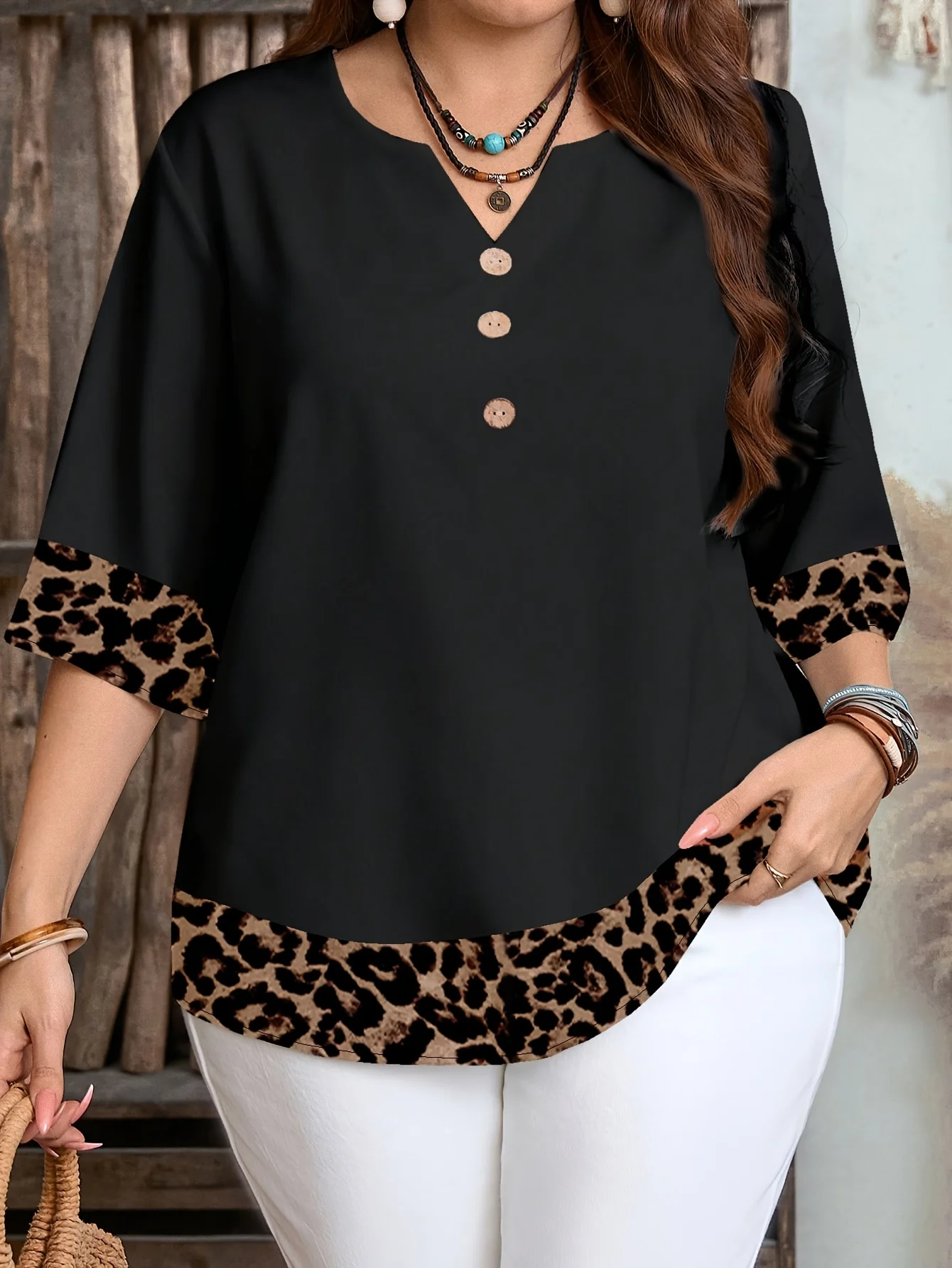 Plus Size Women Leopard Patchwork Blouse, Notched V Neck 3 Button Decor 3/4 Sleeve Casual Loose Tunic Top