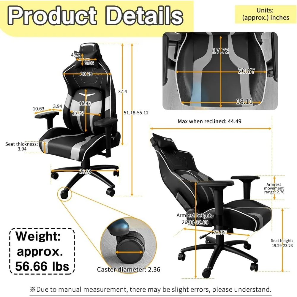 Adjustable Lumbar Support Gaming Chair with 4D Armrests High-Density Foam Ergonomic Design Reclining & Rocking Function for Sup