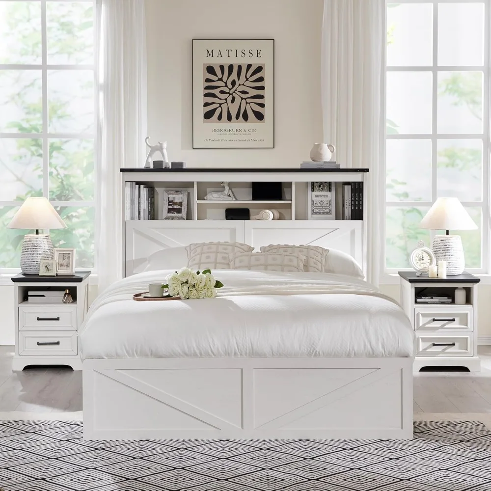 

farmhouse style queen bed frame with 52 inch storage bookcase headboard, wooden 4-drawer bed frame, led lighting, and charging s