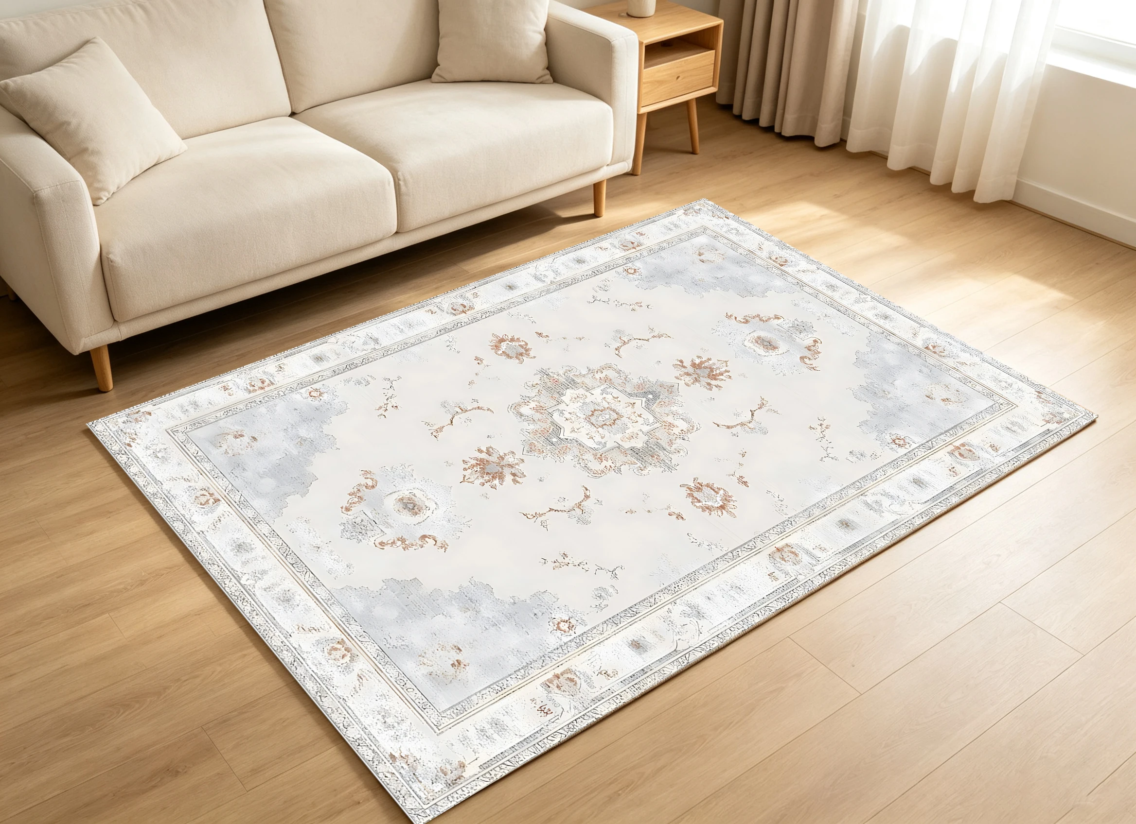 2D Large Rug, European Retro Symmetrical Floral Pattern, French Light Luxury Style, Suitable for Living Room and Bedroom, One-Click Renovation for Autumn and Winter Decoration