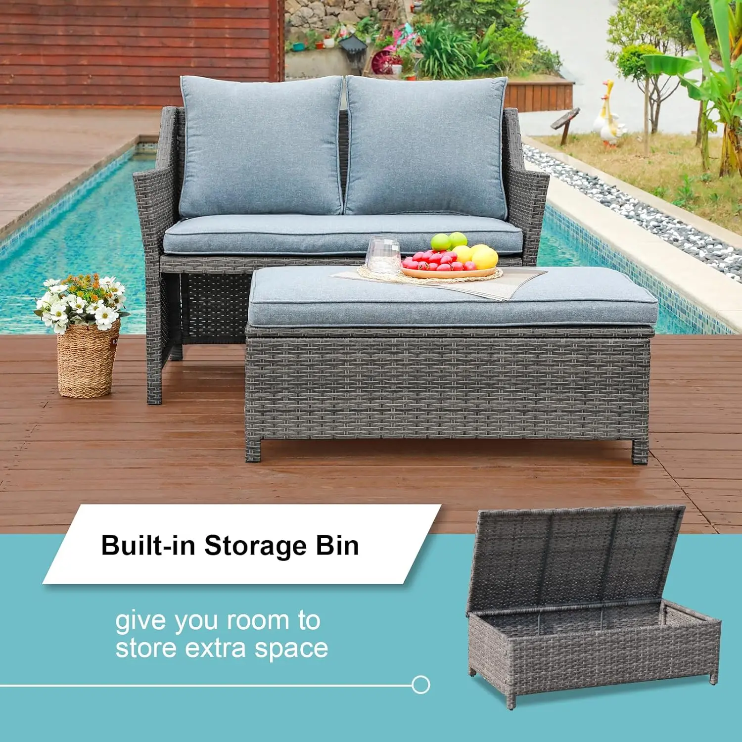 Conjunto de assento de vime para exterior de 2 peças e mesa de centro, armazenamento embutido, rattan cinza, almofadas cinza