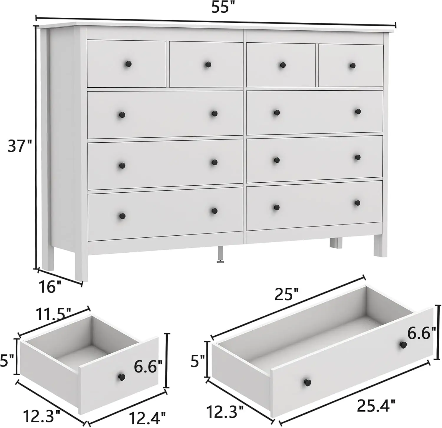 Kommode mit 10 Schubladen, 55 Zoll moderne weiße Kommoden und Kommoden, breite Kommoden mit 10 Schubladen für Schlafzimmer