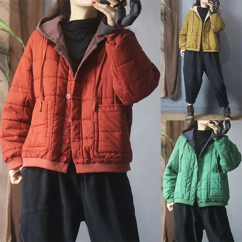 Retro Contrasting Color Hooded Commuting Plaid Small Cotton Jacket for Women 2024 Winter New Loose and Thick Cotton Jacket