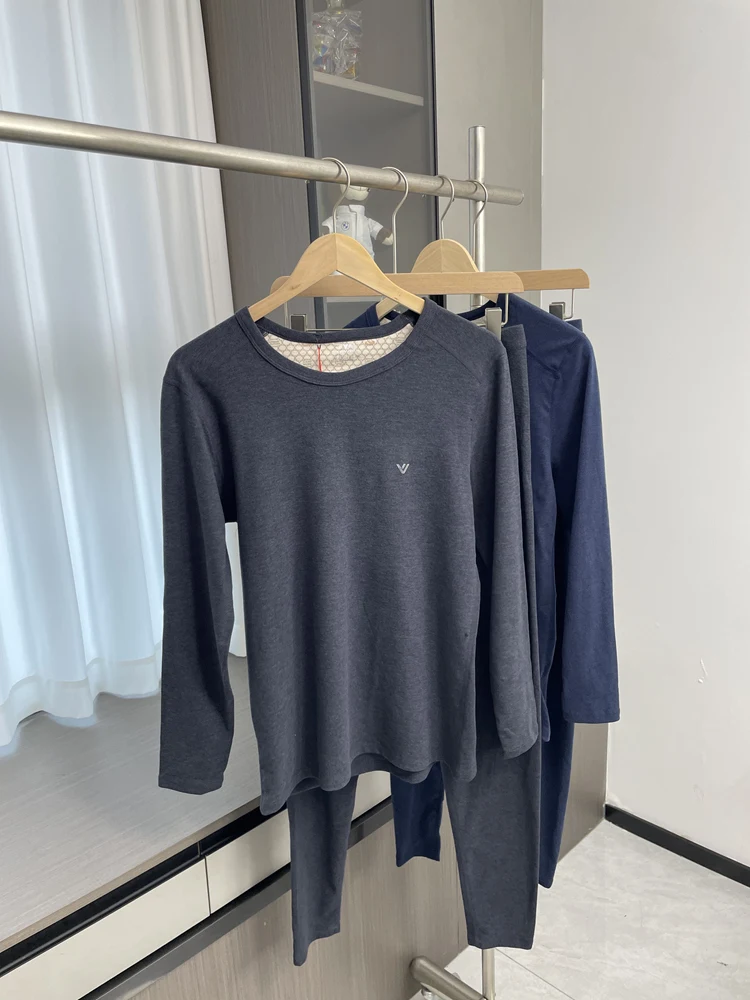 

Men's Warmth Innerwear Set Fine Double-sided Wool Silk Long Pants round Neck Youth Autumn Winter Thermal Underwear H Brand