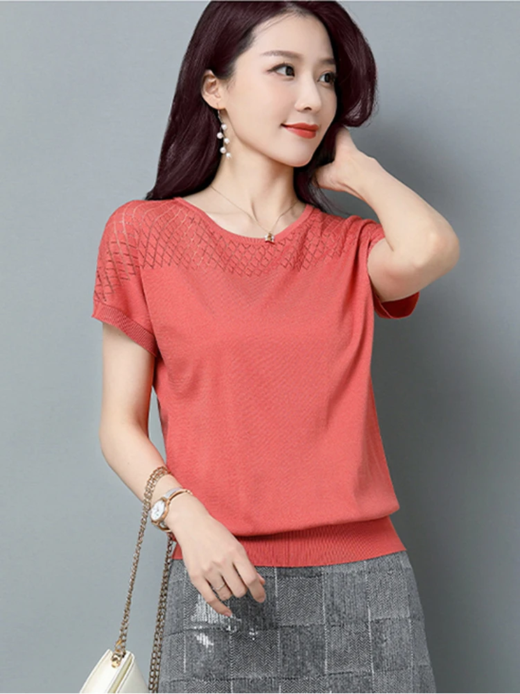 2024 Summer Ladies Knitted Top Short Sleeve Tshirt Hollow Out T Shirt Women Loose Elegant Tee Shirt Femme Casual Clothes T-shirt