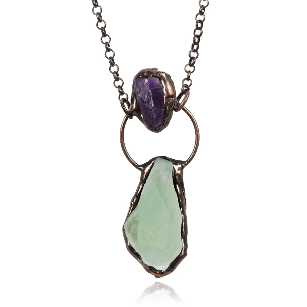 

New Natural Green Fluorite Prototype With Amethyst Pendant Bronze Retro Reiki Healing Crystal Necklace Jewelry Free Shipping