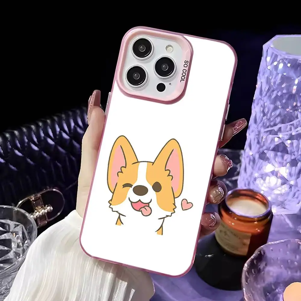 Leuke Cartoon Corgi Telefoonhoesje voor iPhone 16,15,14,13,12,11, Mini, Pro, MAX Roze Matte Schokbestendige Cover