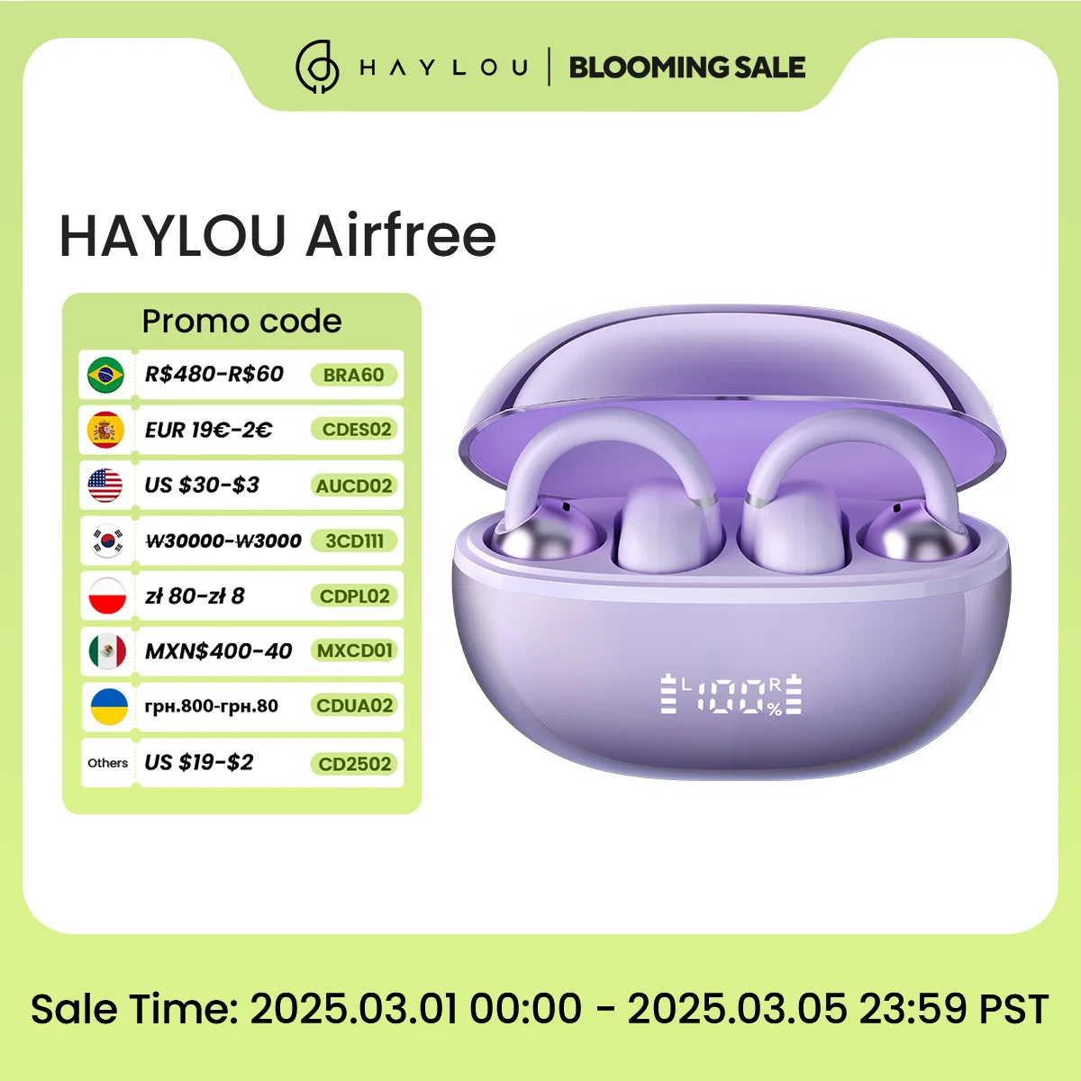HAYLOU auriculares inalámbricos AirFree con Bluetooth 5,4, cascos deportivos TWS con reducción de ruido IA y pantalla LED inteligente