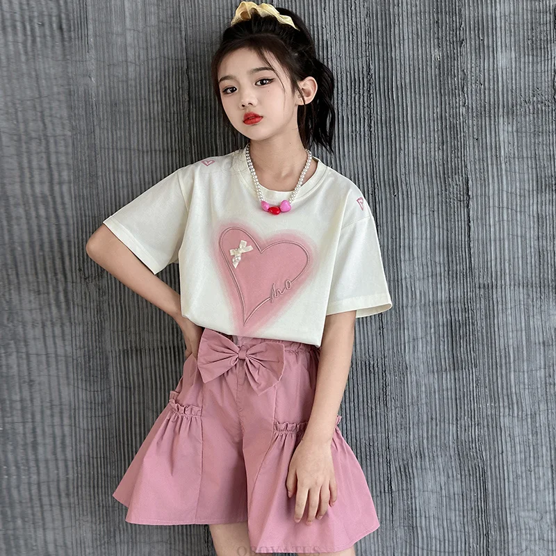 Summer Girls Heart T-Shirt + Khaki Shorts Set Child Short Sleeve Top and Bottom Clothes Set 2Pcs Korean Kids Suit 5 7 9 11 13 14 - Image 3