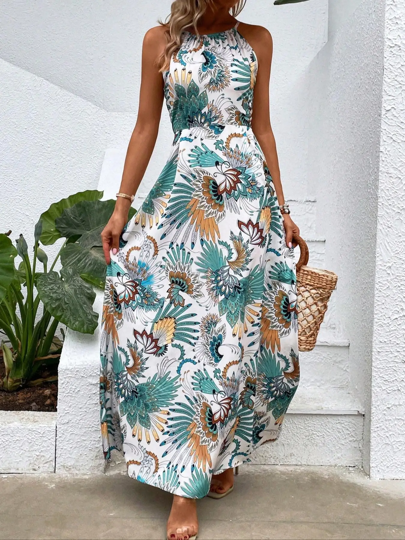 Robe caraco imprimée partout pour femmes, robe longue Boho sans manches pour les vacances à la plage, vêtements d'été pour dames