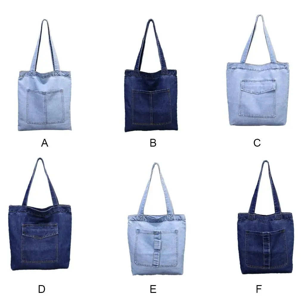 Fashion Women Large Capacity Shoulder Bags Wild Casual Handbag Street Canvas Denim Shoulder Bag Solid Color Zipper Shopping Bag