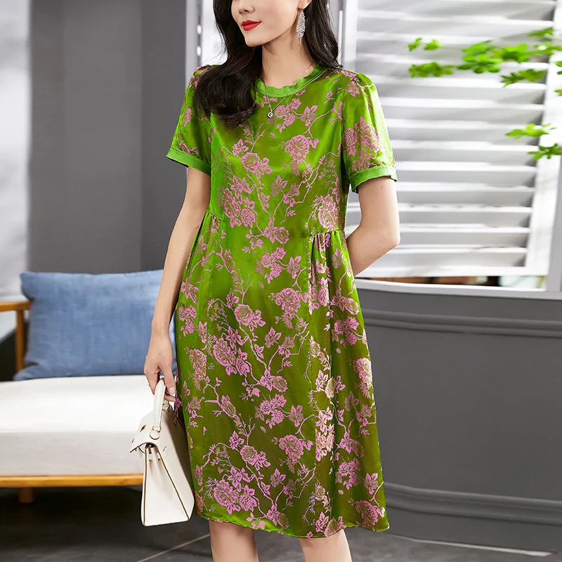 

2024 Summer Women's Vintage Dresses Elegant O-neck Short Sleeve Woman Midi Dress 45% Real Silk Female Floral Print Dress Loose