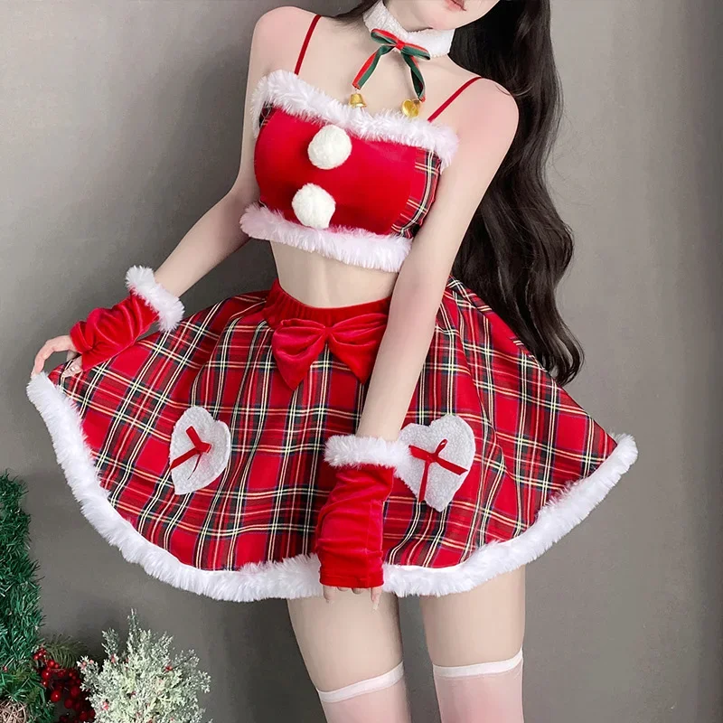 Christmas Cosplay Moose Costume Winter Female Plush Plaid Skirt Sexy Maid Uniform Party Stage Show Outfit Xmas Bow Dress Suit