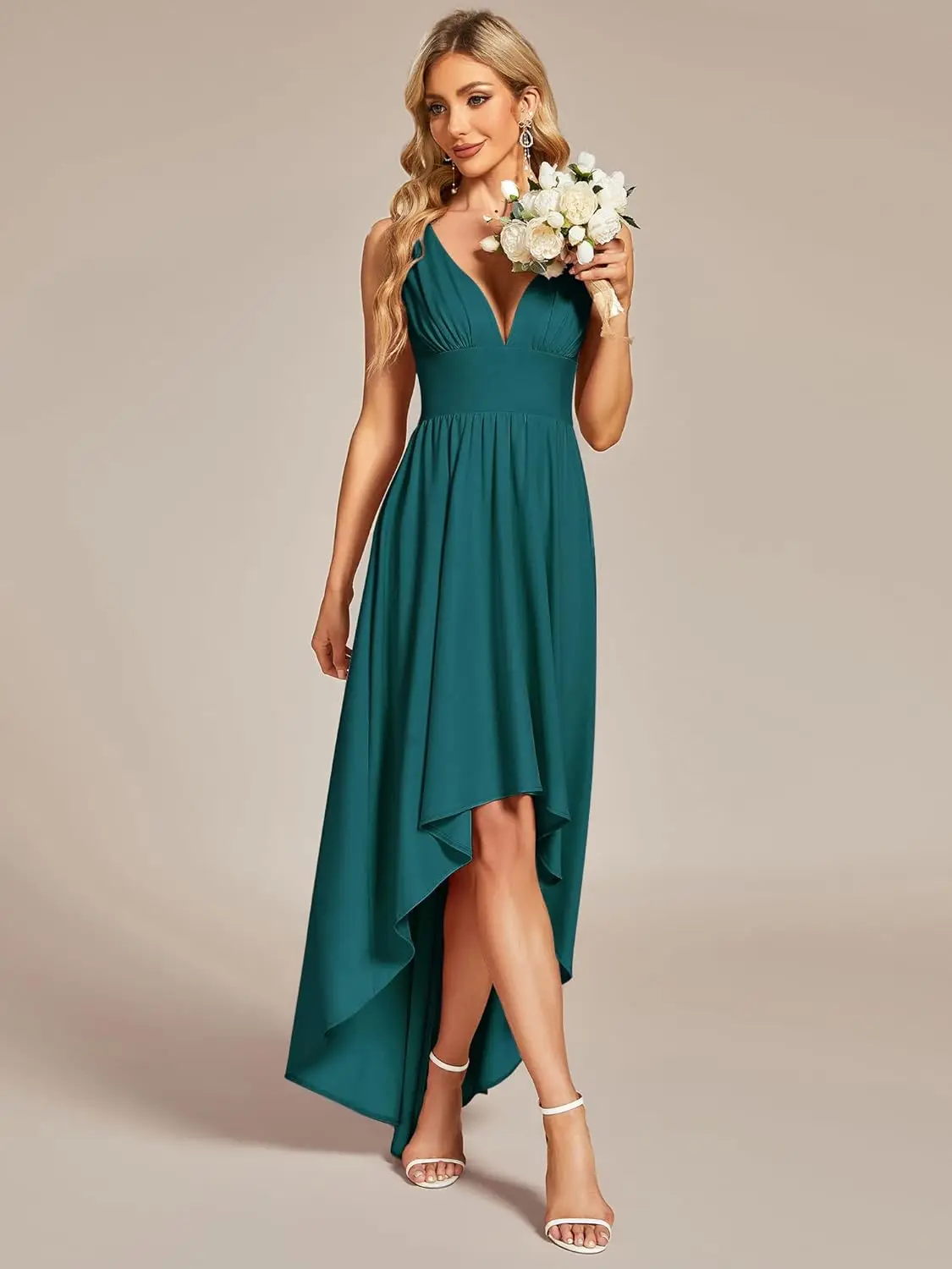 

Women's V-Neck Floor-Length Sleeveless High Low A-Line Formal Dress Bridesmaid Dresses wedding dress summer party prom Dresses