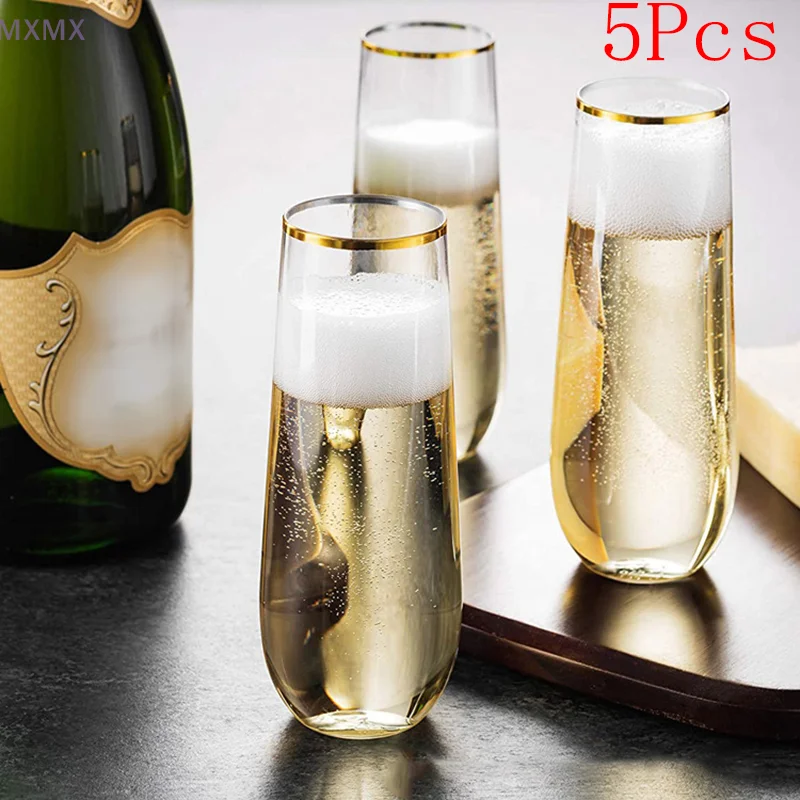 5Pcs 4.5/9oz Gold Rimmed Champagne Cup Durable PET Wine Glass Bar Cocktail Cup Wedding Party Festival Drink Juice Cup