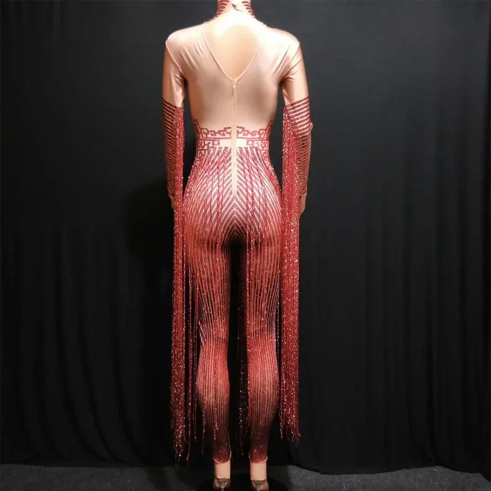 

Shining Rhinestone Red Fringe Jumpsuits Women Long Sleeve Stretch Leotard Nightclub Singer Pole Dance Stage Wear Tassel Costume