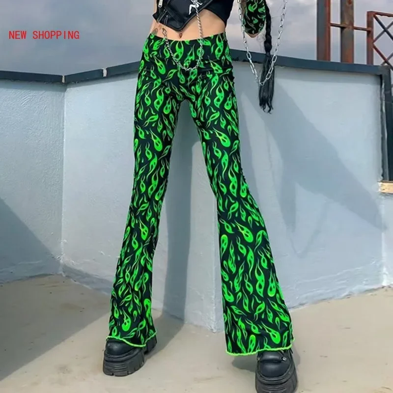 Harajuku Green Fire Print Flare Pants Emo Drunk Style High Waist Bell Bottom Sexy Women Streetwear Y2K Punk Trousers Winter Fall