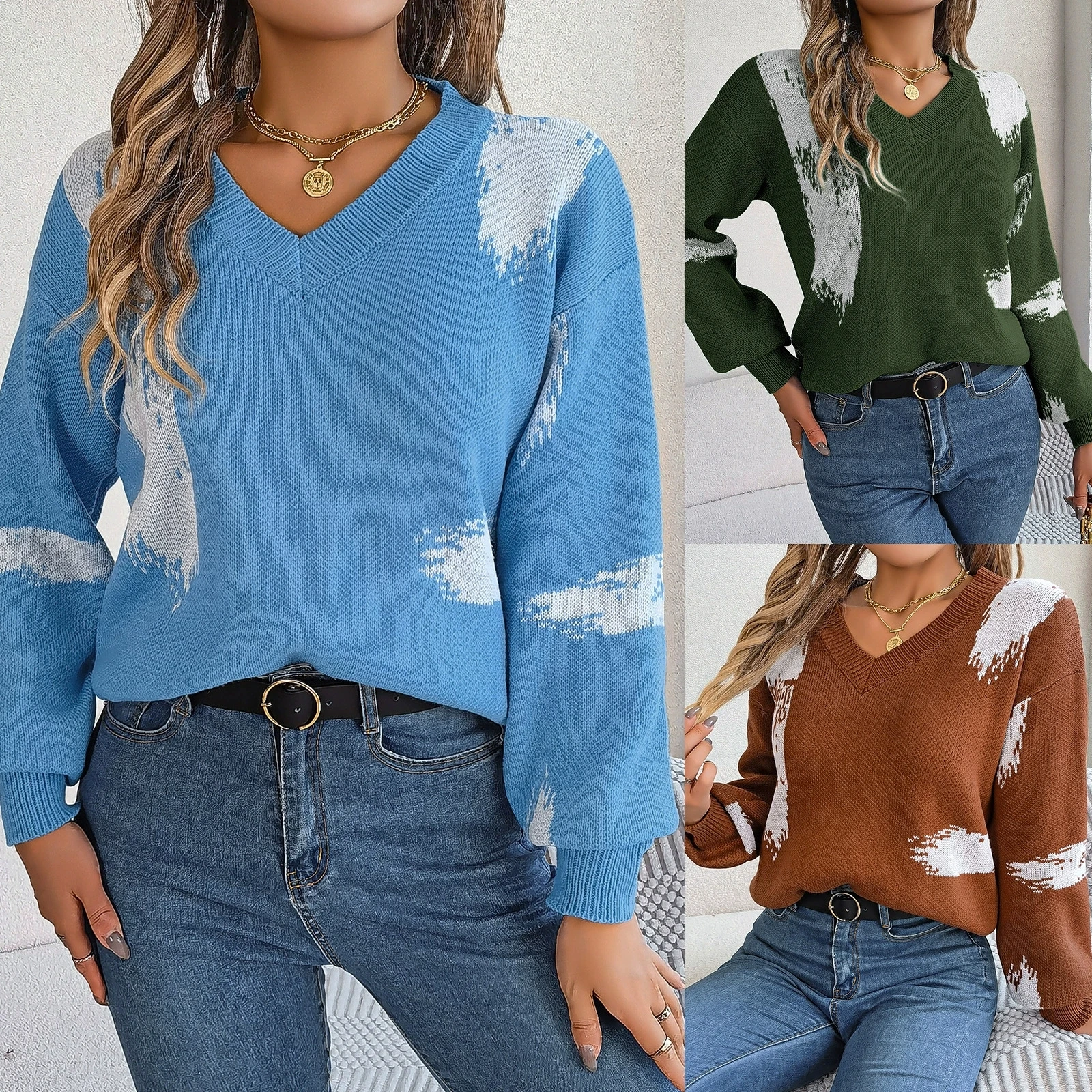 

Осенне-зимний повседневный цветной элегантный и модный высококачественный полосатый свитер с рукавами-фонариками