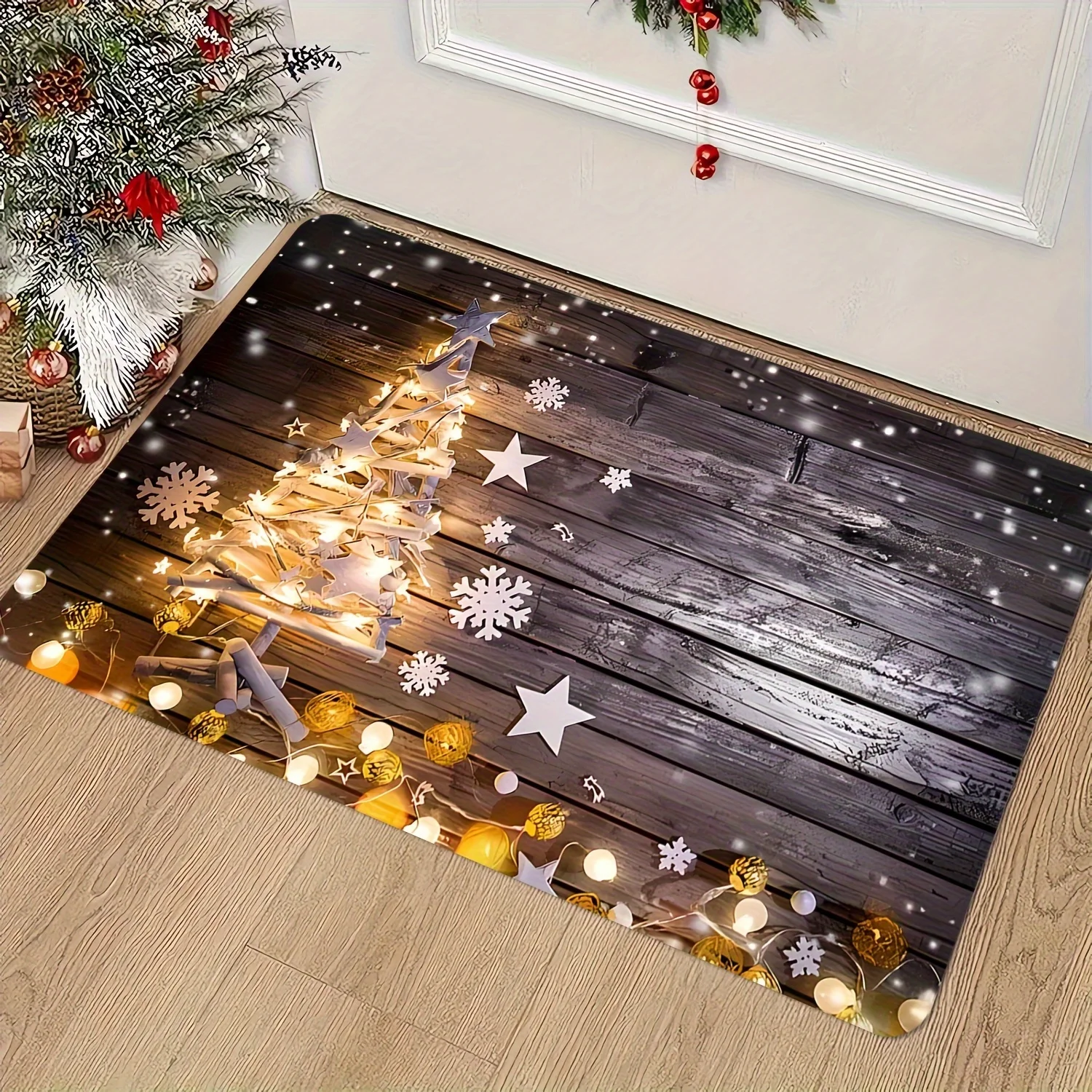 1pc 2D Flat Rectangular Floor Mat, Luminous Christmas Tree And Star Printed Rug, Home Decor, Suitable for Living Room, Bedroom