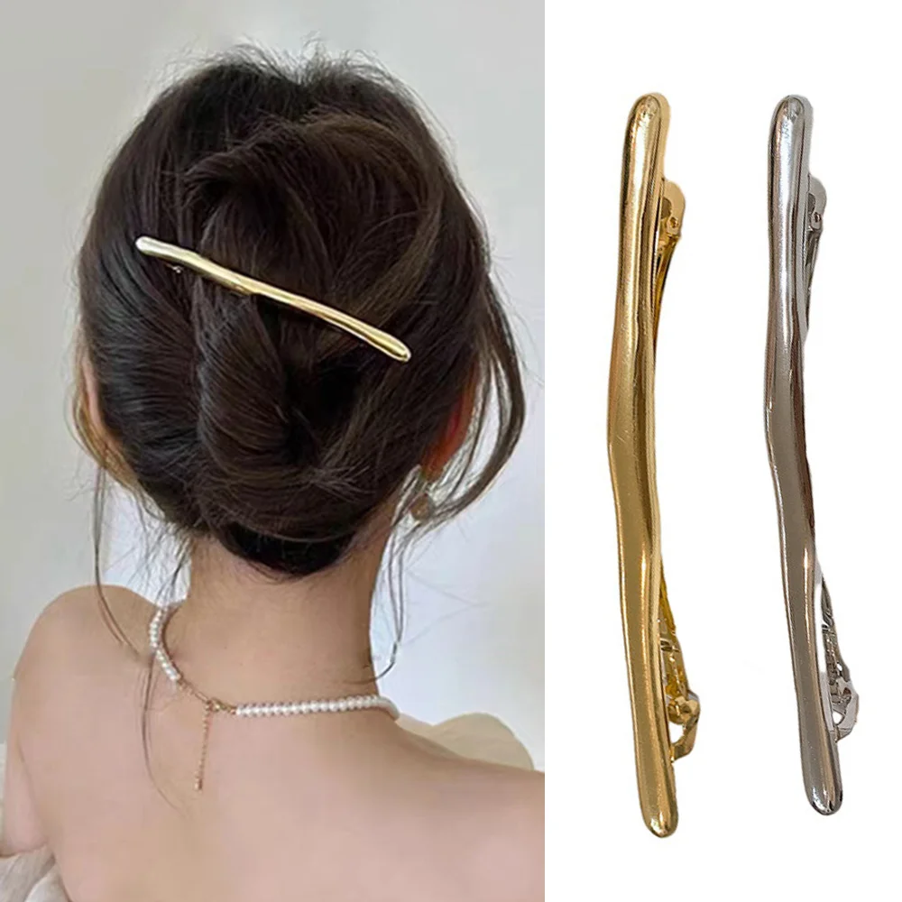 New Women Vintage Simple Golden Long Strip Barrettes Metal Irregular Shape Hair Clip Ladies Smooth Spring Clip Hairgrip