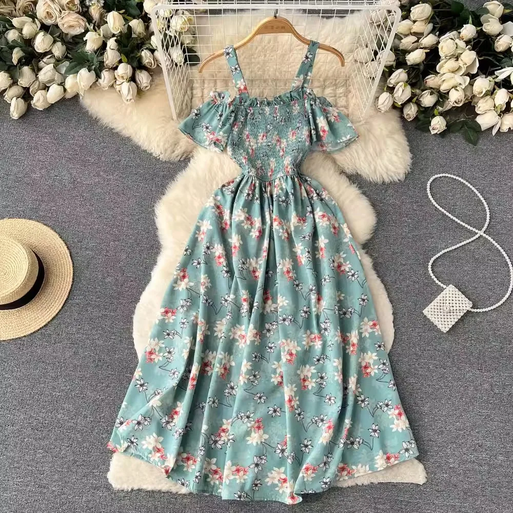 YuooMuoo-Vestido largo romántico con estampado Floral para mujer, vestido de verano a la moda con tirantes y hombros descubiertos, Vestido de playa para vacaciones, Vestidos de fiesta coreanos