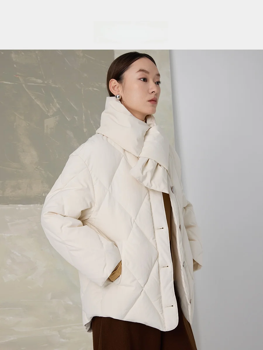 

Fuxu Высококачественный белый шарф на гусином пуху Маленькая сумка для молока без воротника с ромбовидным узором вниз Jaet Commute Sle Обычная длина