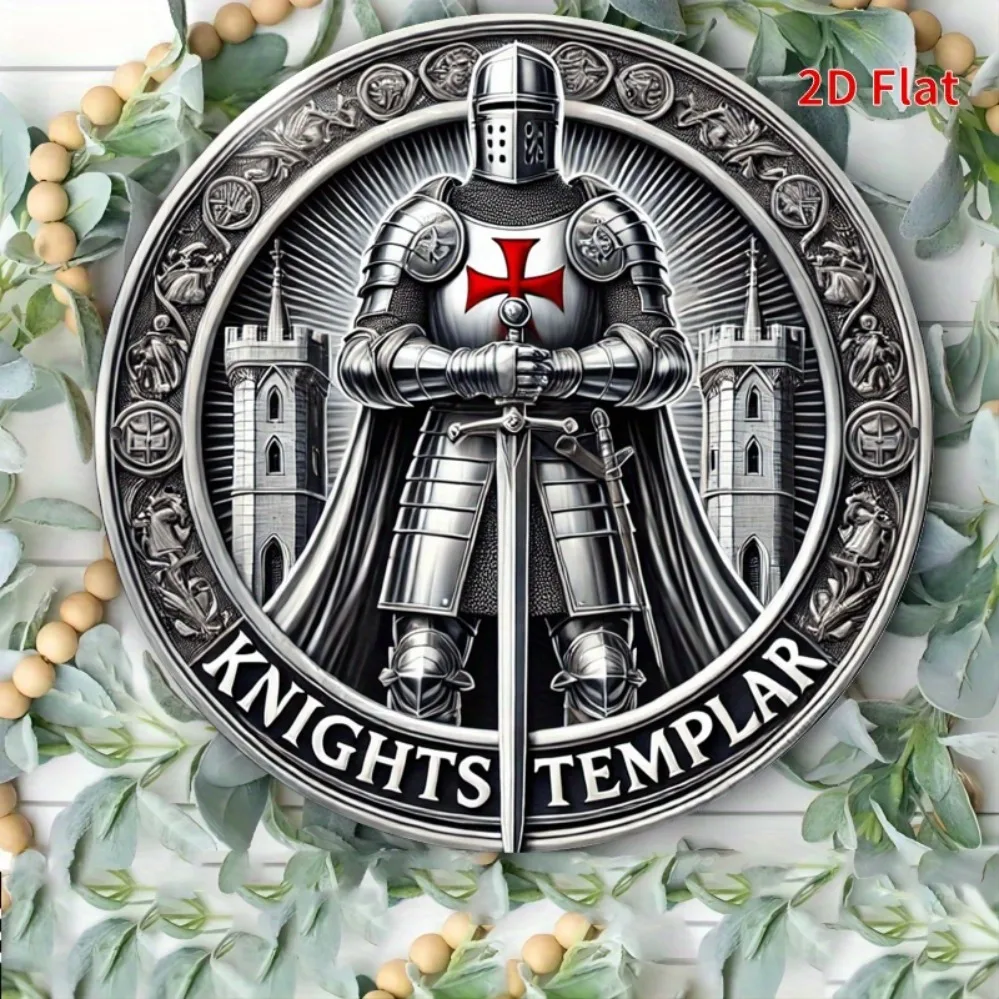 لوحة فنية جدارية لفرسان الهيكل الجلالة" - تمبلار مدرع مع صليب أحمر على الصدر ضد خلفية القلعة، غنية غامضة