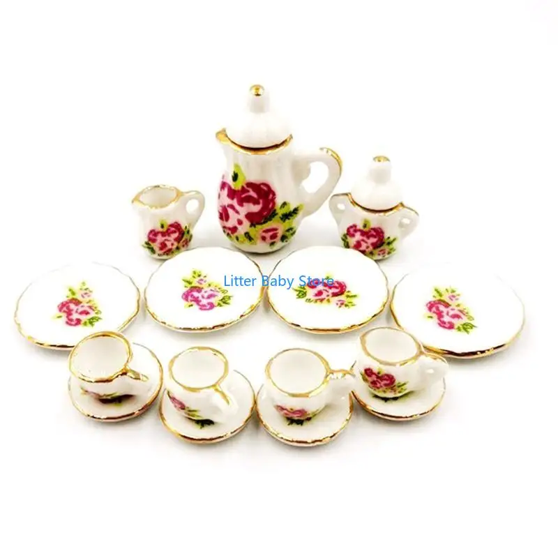 N80C Simulation Mini l'après-midi tasse à thé ensemble 15pcs Modèle Modèle Dollhouse Ornement Kitchen Tea Ware Toy Pretend for G
