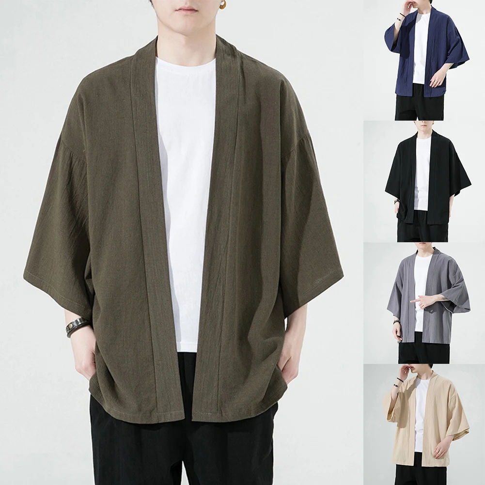 

Men Solid Linen Kimono Loose Elastic Japanese Kimonos Clothes Lounge Cardigan Breathable Japan Quick Dry Clothing Shirt Classic