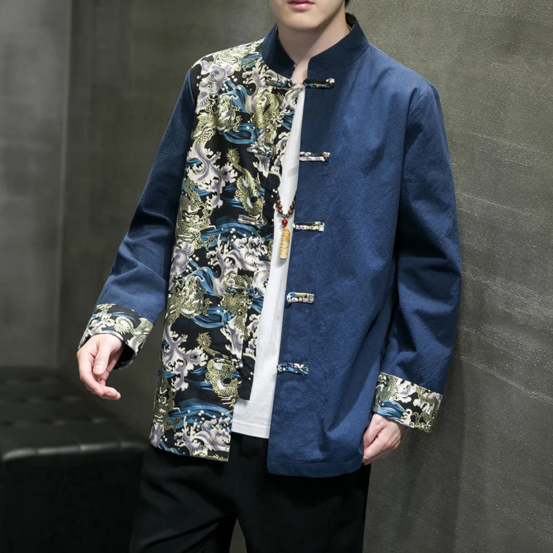 

Men's Cotton Linen Long Sve Jaet Stand Collar Traditional Chinese Hanfu Large Size Autumn Winter Tang Costume Outerwear