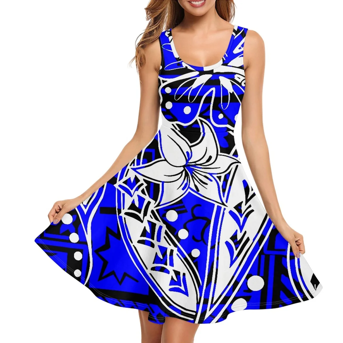 

Fashion boutique sexy Polynesian Sacred Flower Dress women's stretch vest elegant o-neck sleeveless slim a-line skirt