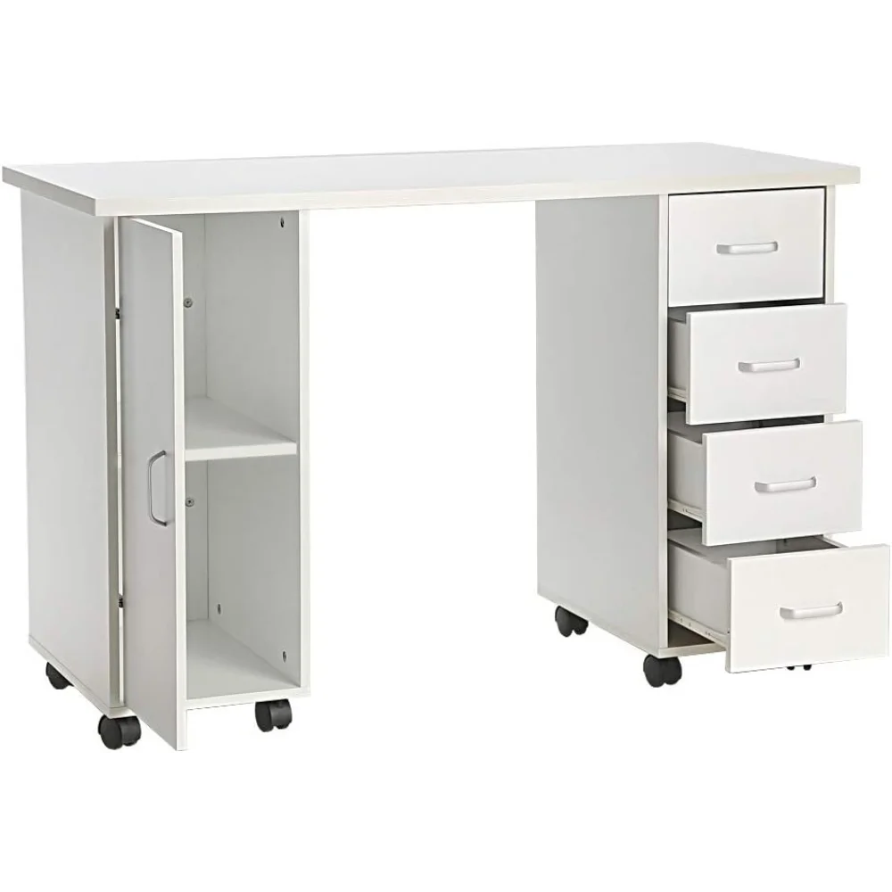 

White Desk with Storage, Mobile Rolling Table on Wheels with Rack, Side Cabinet and Drawer Study Writing Table Compact PC Laptop