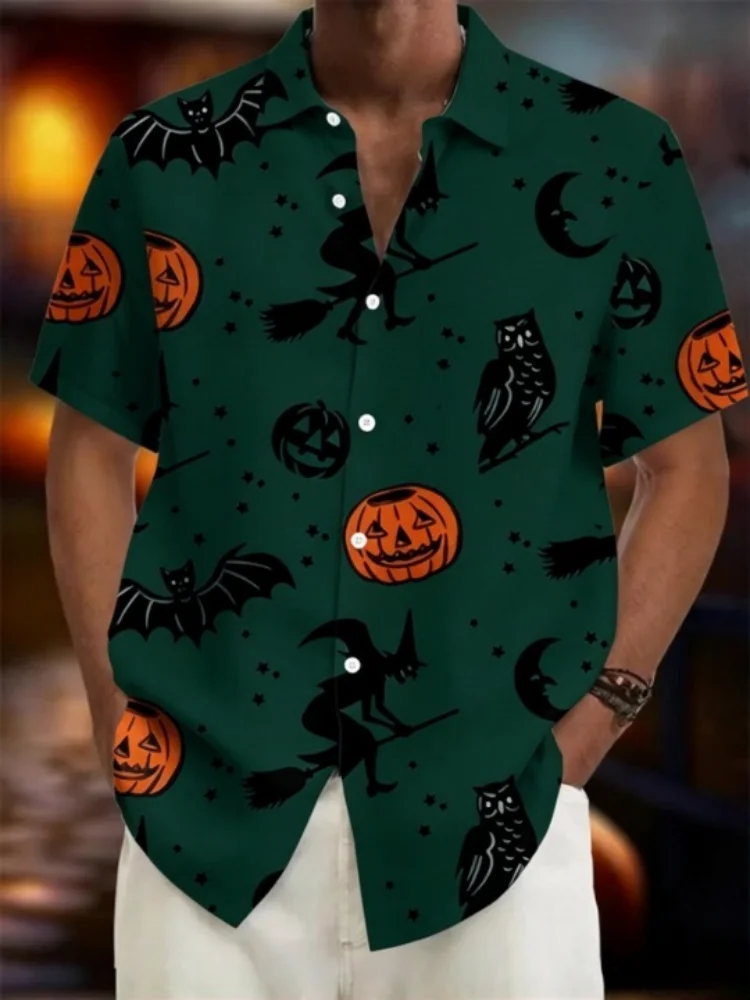 Men's Halloween Pumpkin Print Tunics Fashion Summer Short Sleeve Lapel Button Down Shirt Casual Holiday Party Hawaiian Tops