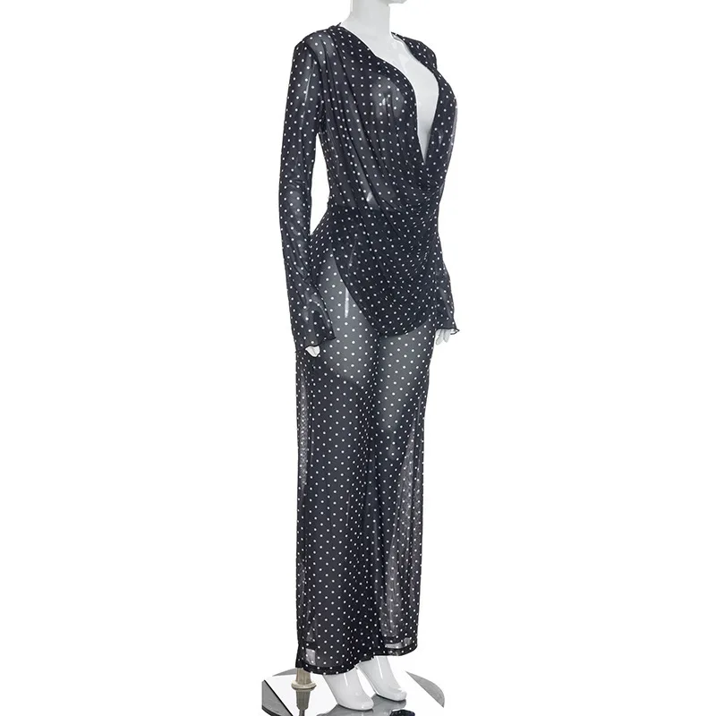 Hot girl mesh see through long sleeved top+loose pant, polka dot print two piece set