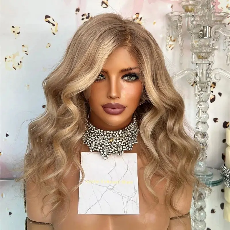 Hittebestendige zachte middendeel synthetische gemengde vezels voor vrouwen 20 '' hoge kwaliteit pruik honingblond bruin balayage gekleurde pruik