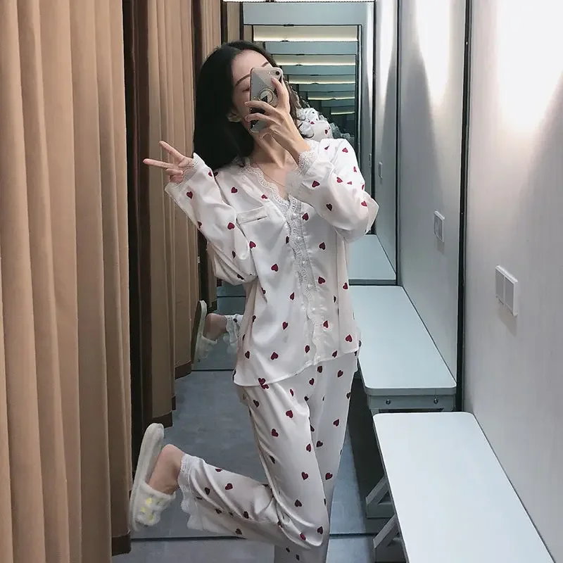 Cute Women\'s Pajamas Heart Print Sweet Sleepwear Ladies Homewear Spring Korean Fashion Lace Pijama Long Sleeve Thin Nightwear