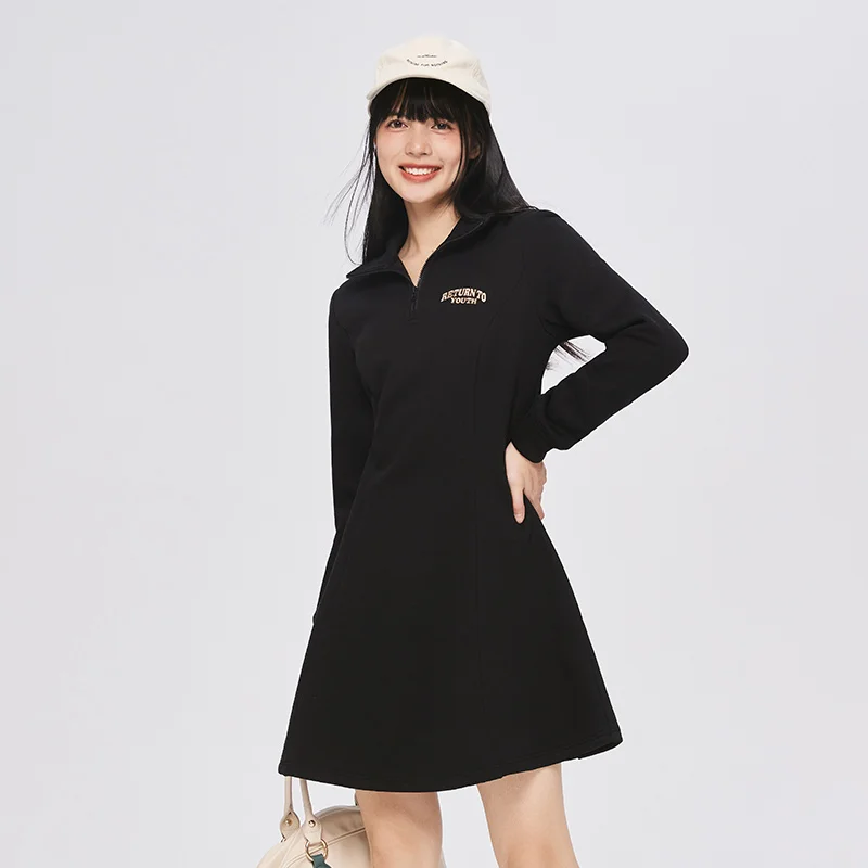 Semir Dress Women Polar Fleece Embroidery 2023 Winter New Stand-Up Collar Casual All-Match Dress