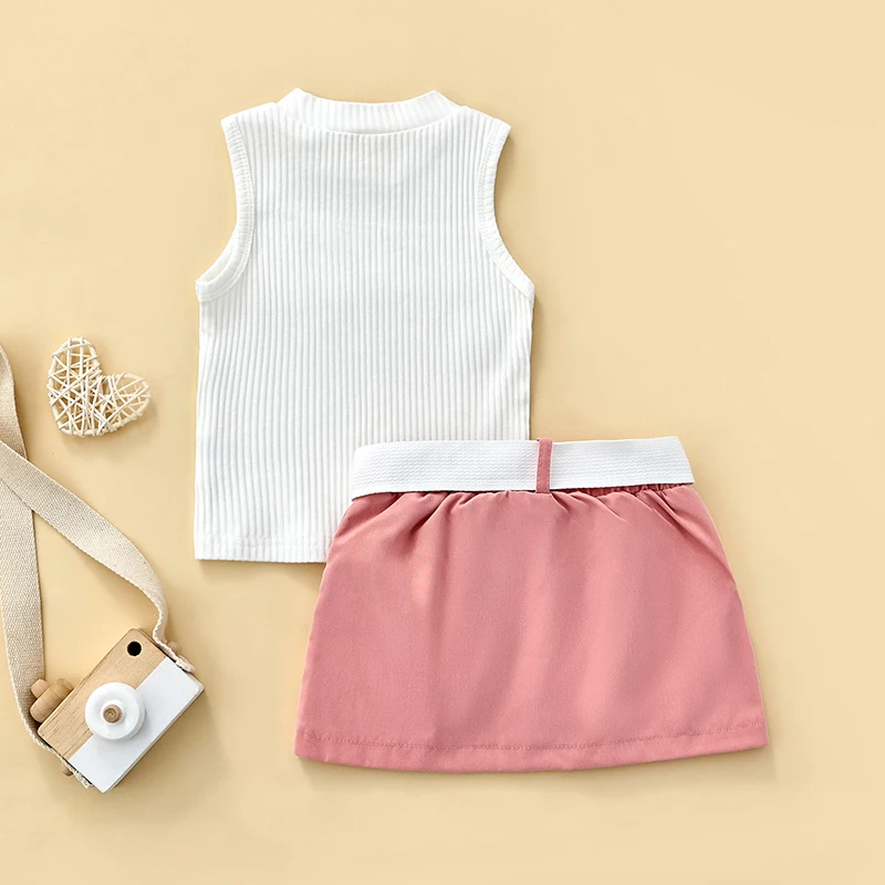 Kids Girl Summer Skirt Outfit Solid Color Sleeveless Tank Tops + Casual Pocket Mini Skirt + Waist Pack 3pcs Set Fashion Clothing