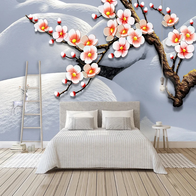 

Beautiful Snow Plum Artistic Conception 3D Relief Mural Wallpaper Living Room Home Decor Non-Woven Papel De Parede Floral 3D