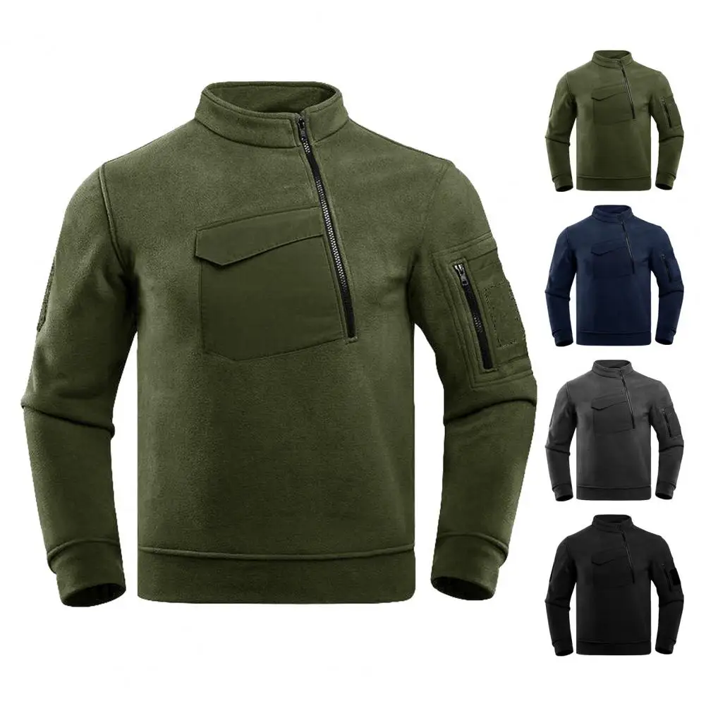 Men Autumn Winter Outdoor Tops Stand Collar Long Sleeve Thickened Fleece Lining Sweatshirt Warm Windproof Zipper Hiking Tops