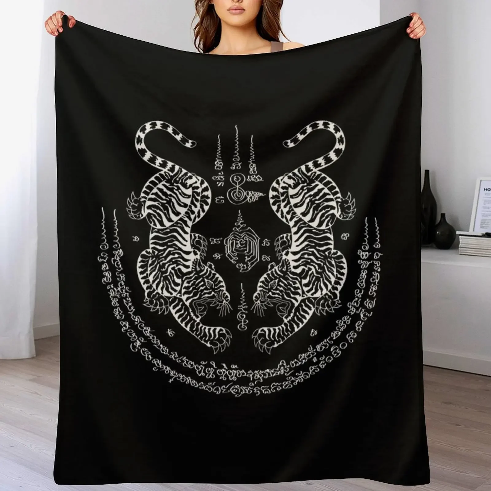 

Sak Yant Thai Tattoo Twin Tiger Muay Magical Thailand Igloo White Throw Blanket Soft Warm Blanket Gift for Grandparents