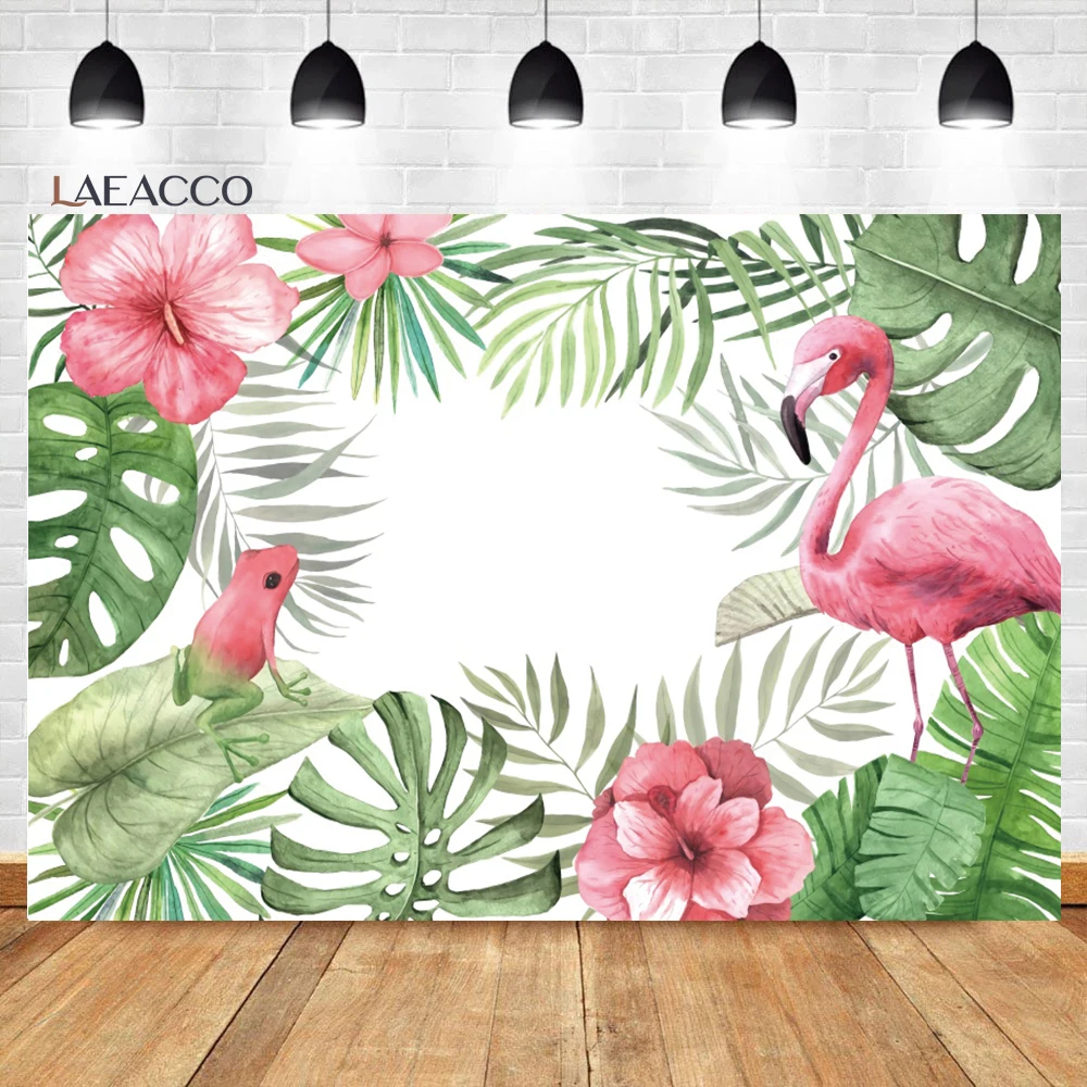 

Laeacco Summer Flamingo Party Backdrop Tropical Floral Leaf Kids Birthday Baby Shower Portrait Customized Photography Background