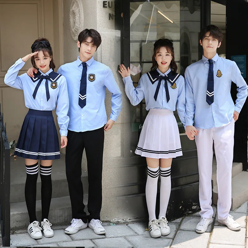 Conjuntos de uniformes de escuela secundaria C009, camisas de manga larga para estudiantes jóvenes, collares azul marino, ropa de clase de graduación