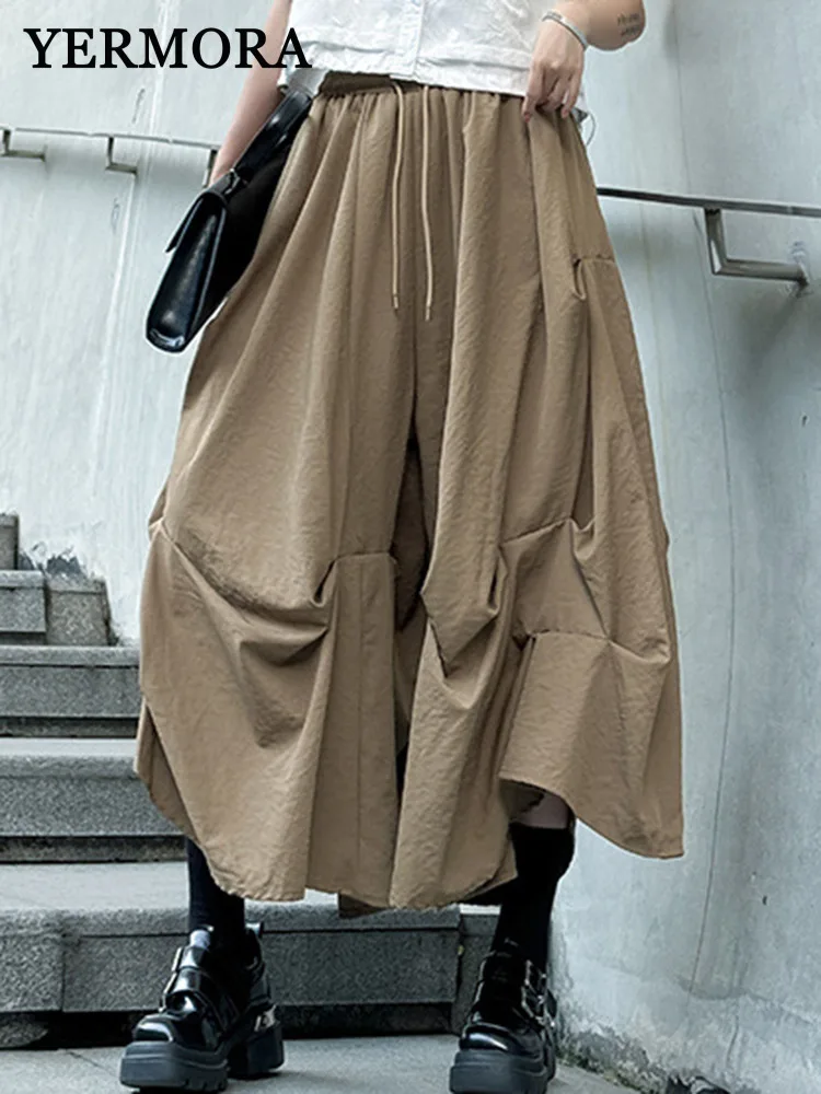 

YERMORA High Elastic Waist Khaki Drawstring Pleated Wide Leg Harem Pants For Women Loose New Trousers Fashon Spring Summer 2025