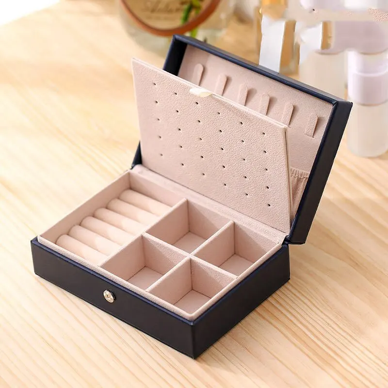 1pcs Double Layer Storage Box Ladies Princess Simple Style Leather Flip Type Jewelry Box Travel Home Portable Jewelry Box