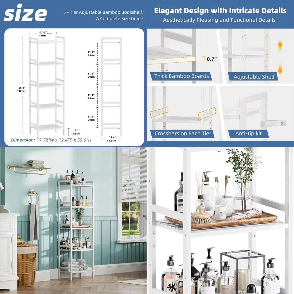 

5-Tier White Bamboo Bookshelf - Tall Slim Storage for Home Office, Living Room, and Bedroom