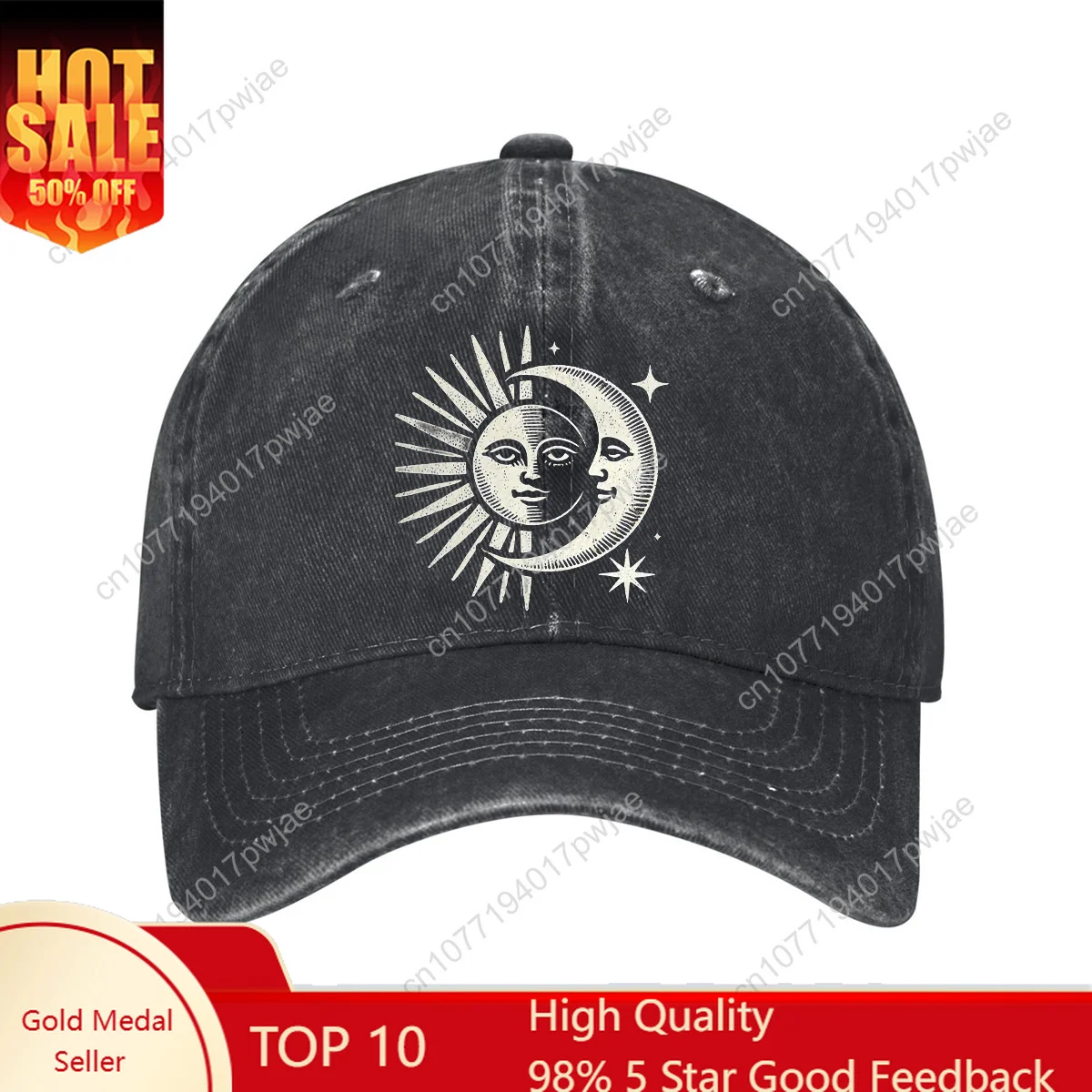 

Unisex Sun And Moon Baseball Cap Cotton Fits Men Women Washed Denim Adjustable Lightweight Dad Cap